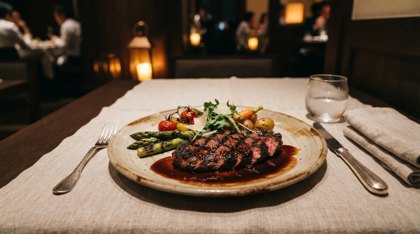 皿に盛り付けた肉料理を近くから撮影した一皿